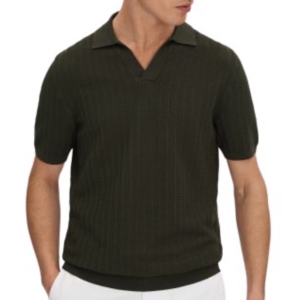 REISS Mickey olive Green Chevron Short Sleeve Open Collar Polo Shirt size Large